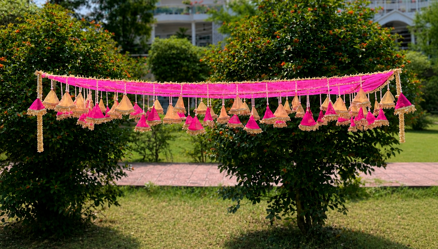 Decorative hanging lights with pink ribbons on a tree in a garden setting