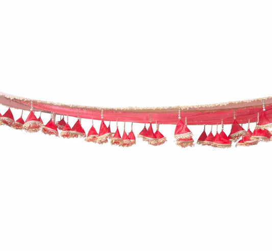 Red decorative border with tassels on a white background