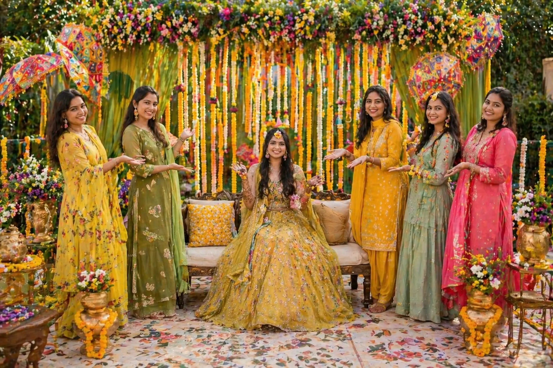 Group of women in colorful traditional attire posing in a decorated indoor setting.