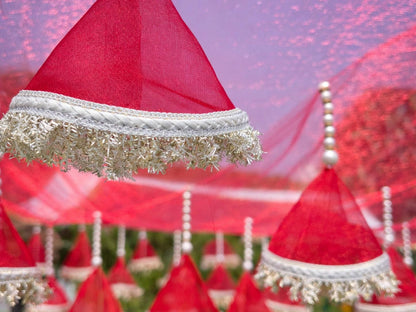 Red hats with white trim on a blurred background