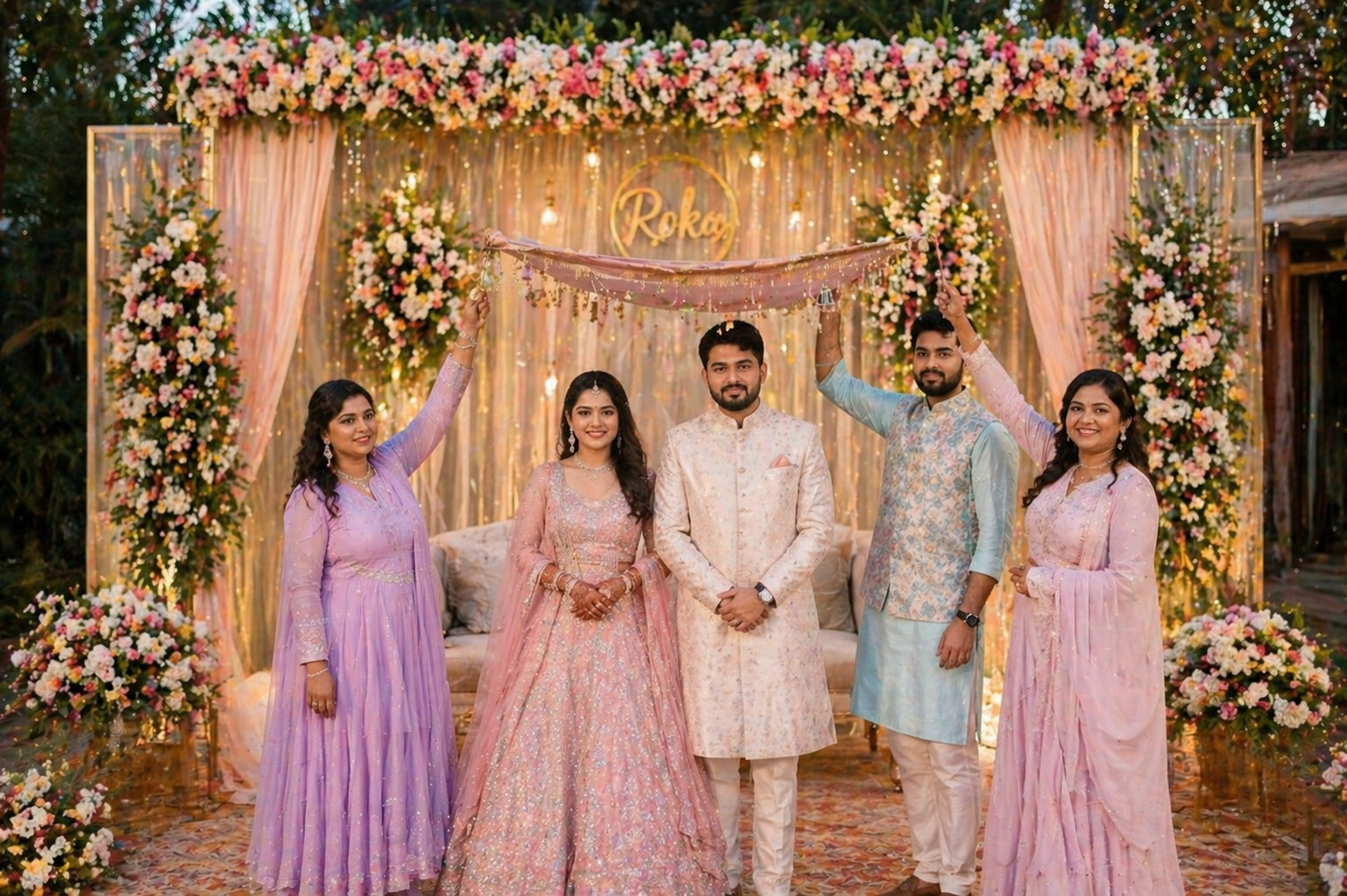 Group of people posing in front of a decorated floral arch with 'Rohit' written on it.