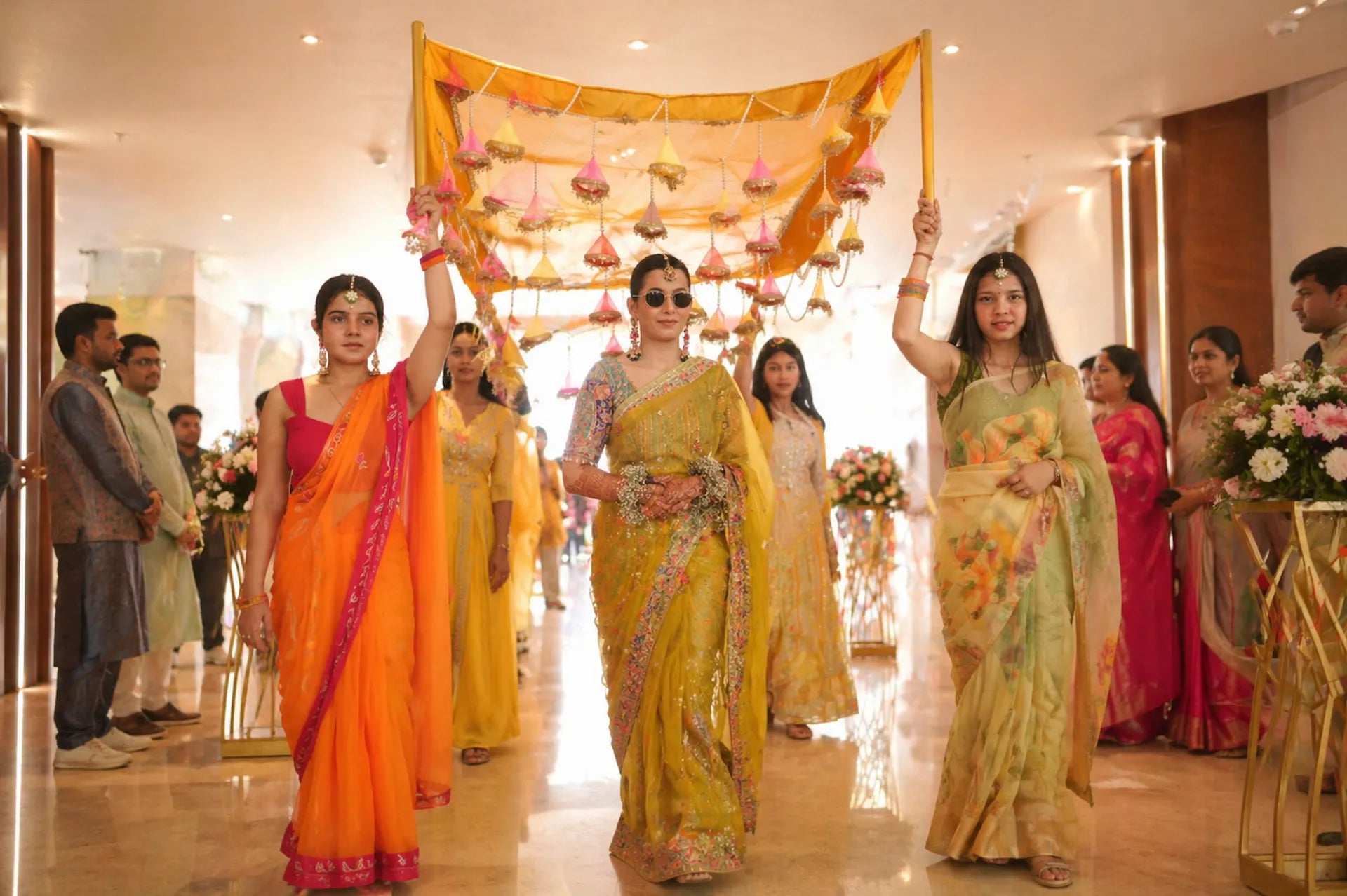 Women in traditional sarees walking through a decorated indoor setting with floral arrangements.